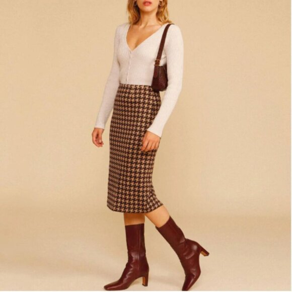 ROUJE PARIS SIDONIE KNIT MIDI PENCIL SKIRT IN BROWN AND TAN - S (38) - Picture 1 of 11